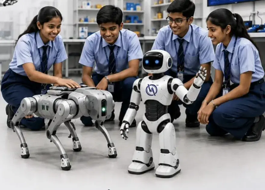 Students working with a dog robot and a humanoid robot in a VRoboTeacher AI lab